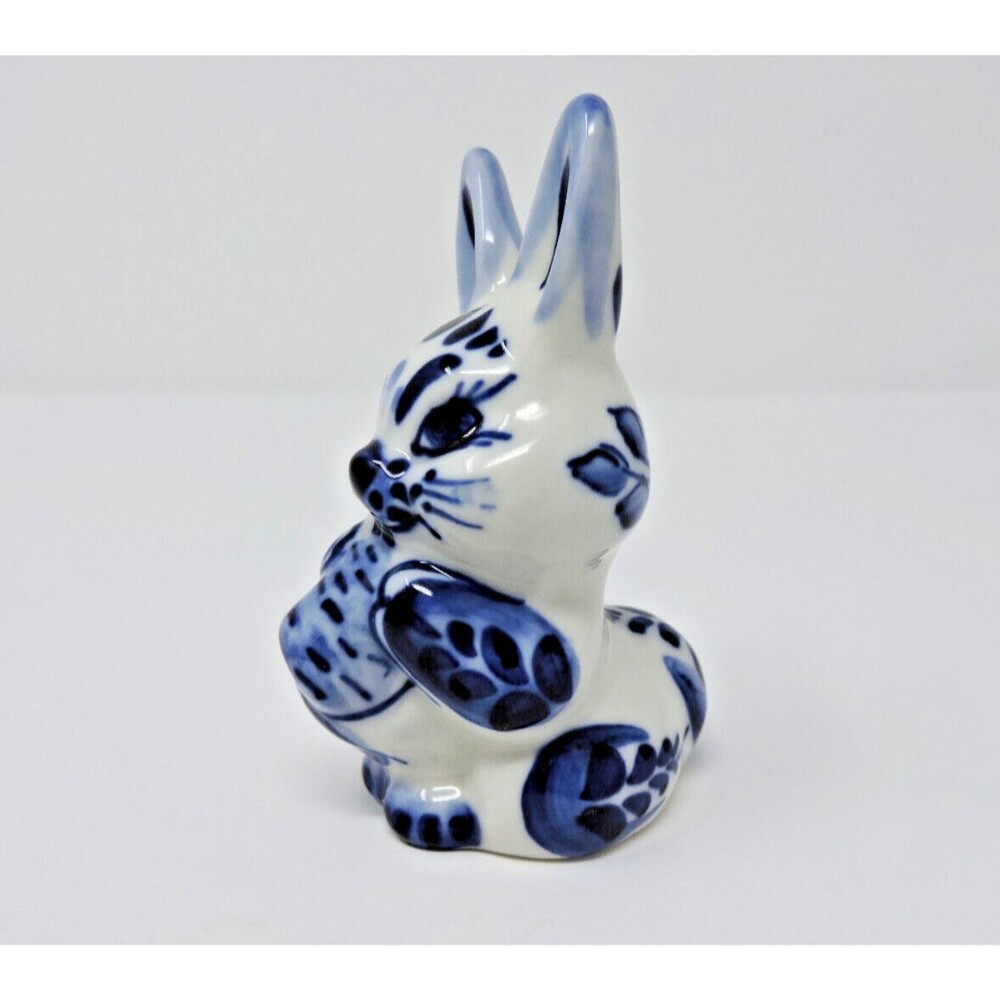 Rabbit Bunny Carrot Gzhel Porcelain Figurine Handmade Russia Cobalt White 4.5in - Picture 11 of 15